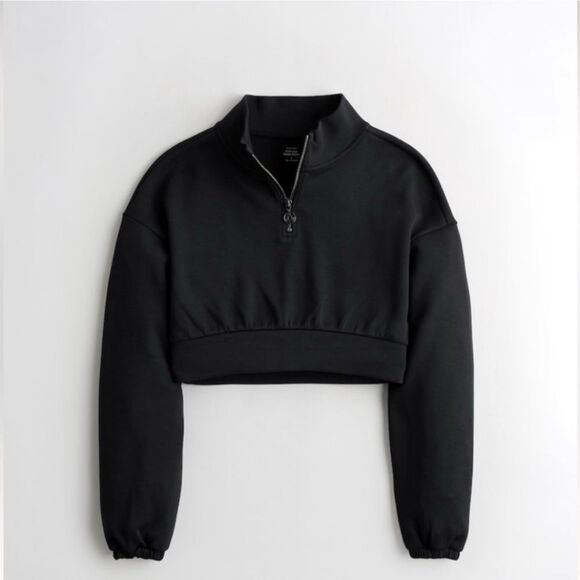 Gilly Hicks Hollister Black Cropped Cool-Down Quarter Zip Oversized Long Sleeve - Picture 1 of 13